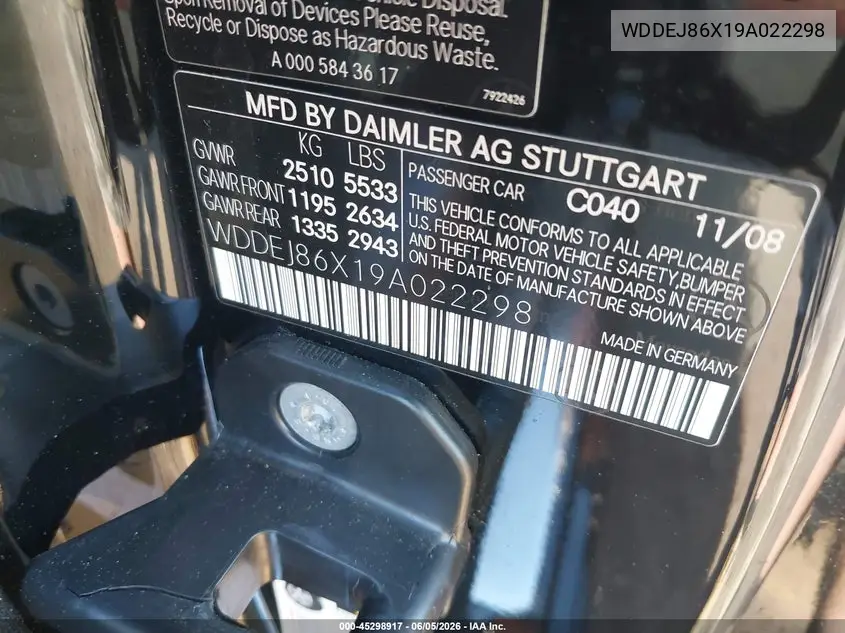 2009 Mercedes-Benz Cl 550 4Matic VIN: WDDEJ86X19A022298 Lot: 45298917
