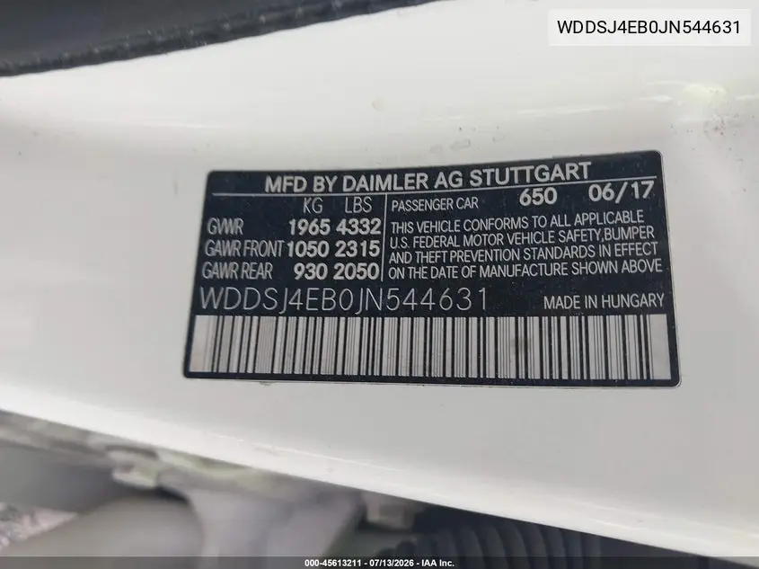 2018 Mercedes-Benz Cla 250 VIN: WDDSJ4EB0JN544631 Lot: 45613211