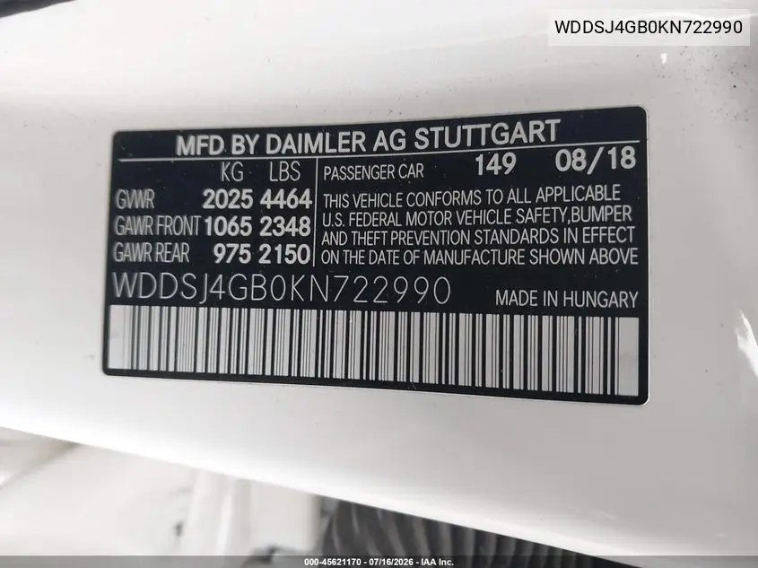 2019 Mercedes-Benz Cla 250 4Matic VIN: WDDSJ4GB0KN722990 Lot: 45621170