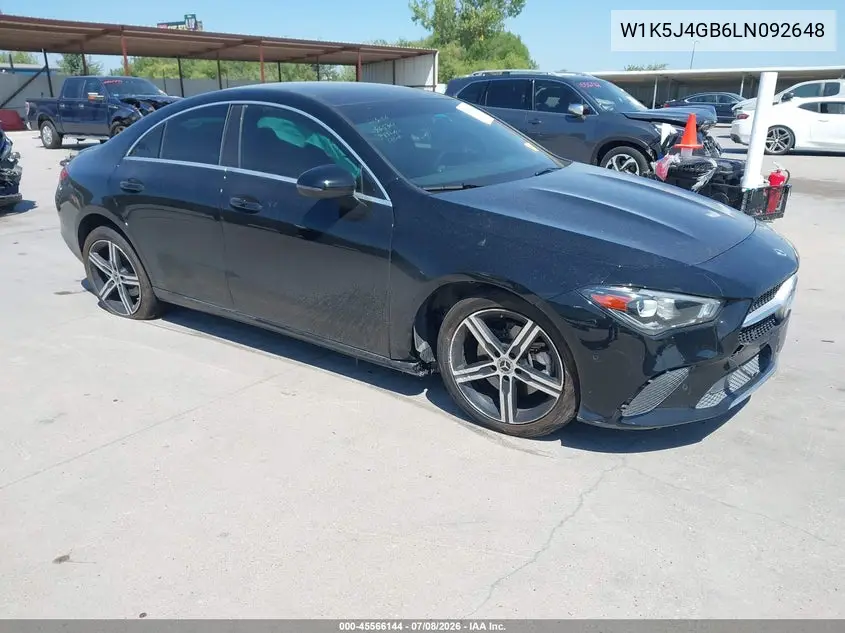 2020 Mercedes-Benz Cla 250 VIN: W1K5J4GB6LN092648 Lot: 45566144
