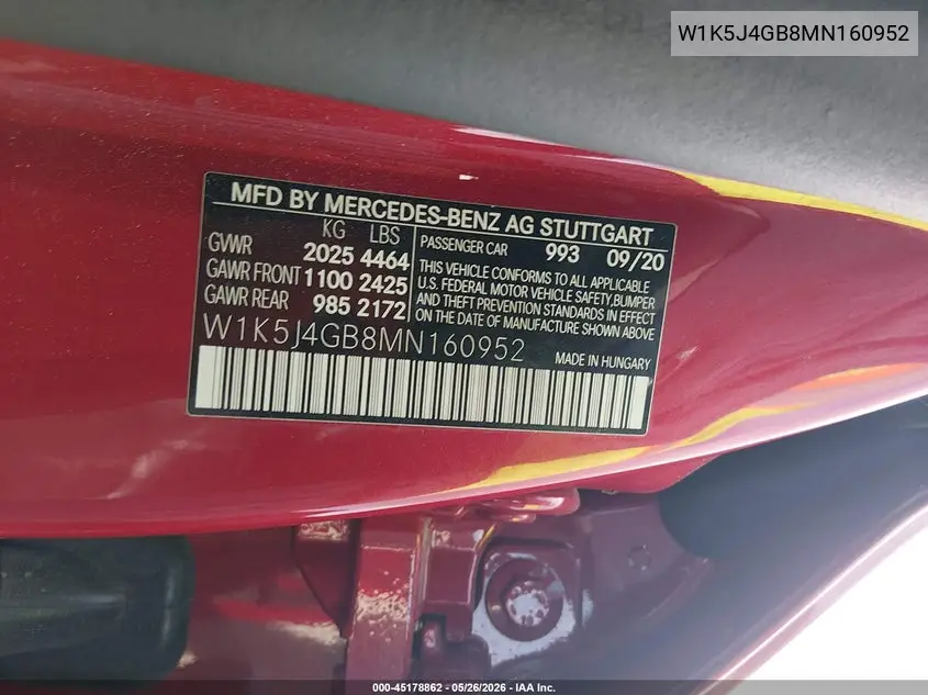 2021 Mercedes-Benz Cla 250 VIN: W1K5J4GB8MN160952 Lot: 45178862