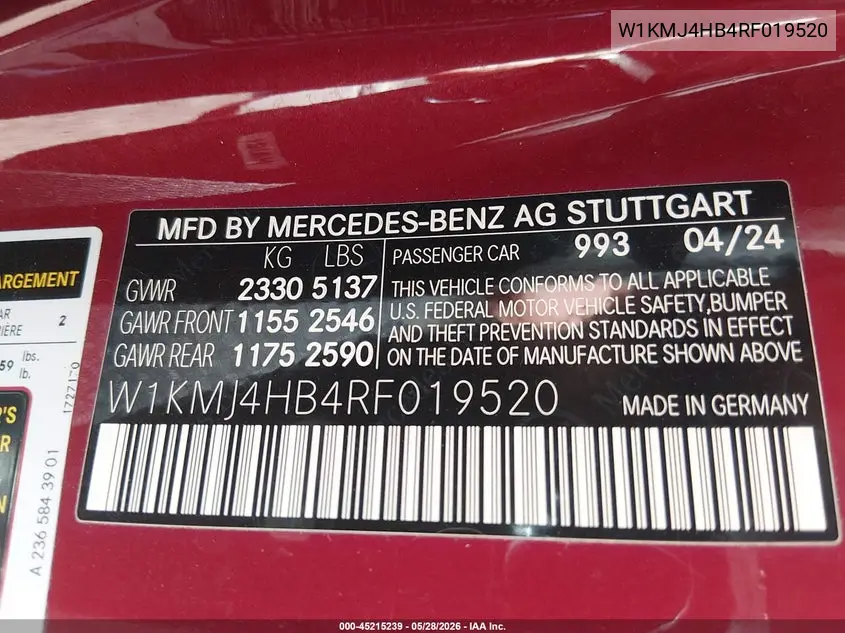 2024 Mercedes-Benz Cle 300 4Matic VIN: W1KMJ4HB4RF019520 Lot: 45215239