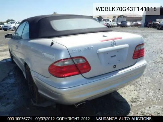 2003 Mercedes-Benz Clk430 VIN: WDBLK70G43T141118 Lot: 10036774