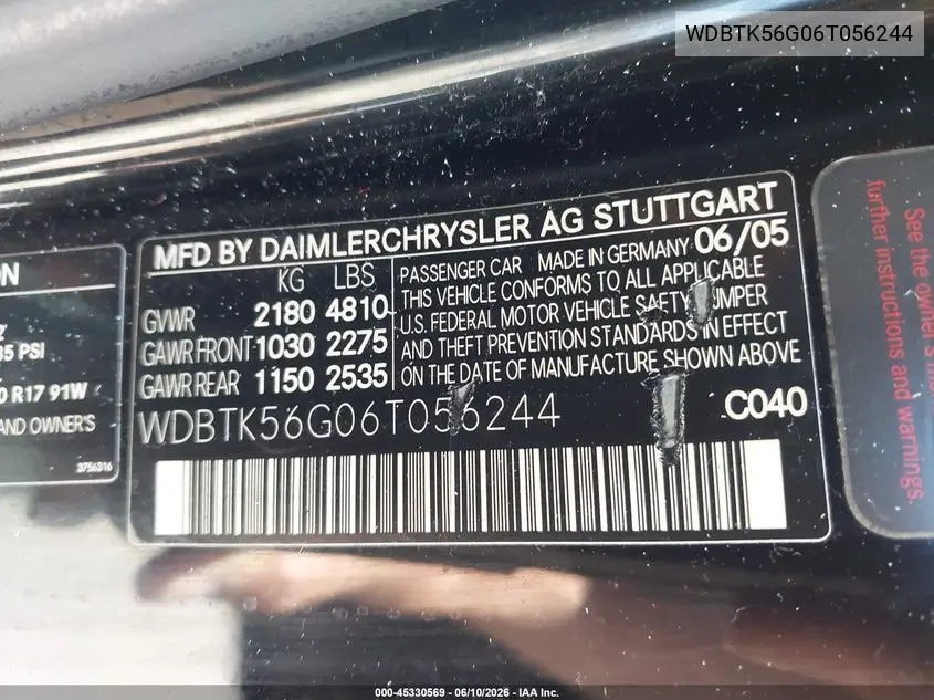 2006 Mercedes-Benz Clk 350 VIN: WDBTK56G06T056244 Lot: 45330569