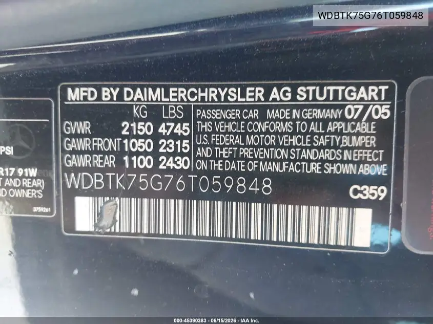 2006 Mercedes-Benz Clk 500 VIN: WDBTK75G76T059848 Lot: 45390383