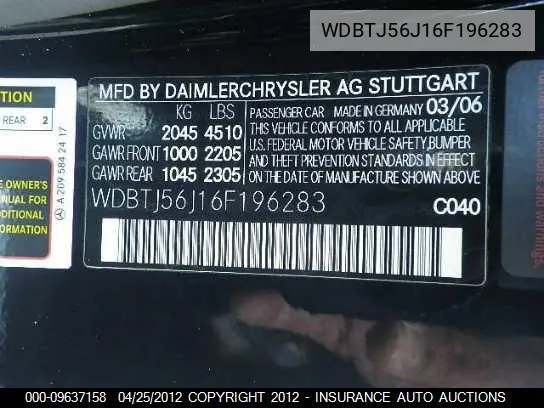 2006 Mercedes-Benz Clk350 VIN: WDBTJ56J16F196283 Lot: 9637158