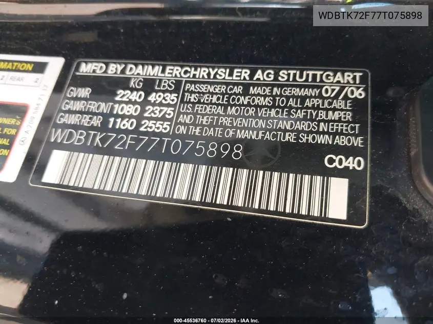 2007 Mercedes-Benz Clk 550 VIN: WDBTK72F77T075898 Lot: 45536760