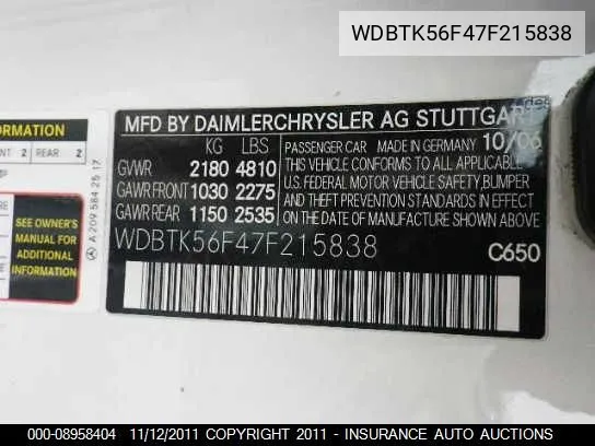 2007 Mercedes-Benz Clk350 VIN: WDBTK56F47F215838 Lot: 8958404
