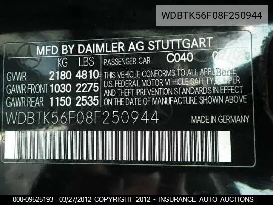 2008 Mercedes-Benz Clk350 VIN: WDBTK56F08F250944 Lot: 9525193