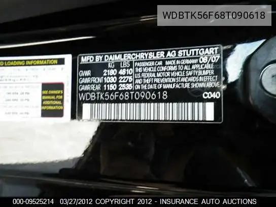 2008 Mercedes-Benz Clk350 VIN: WDBTK56F68T090618 Lot: 9525214