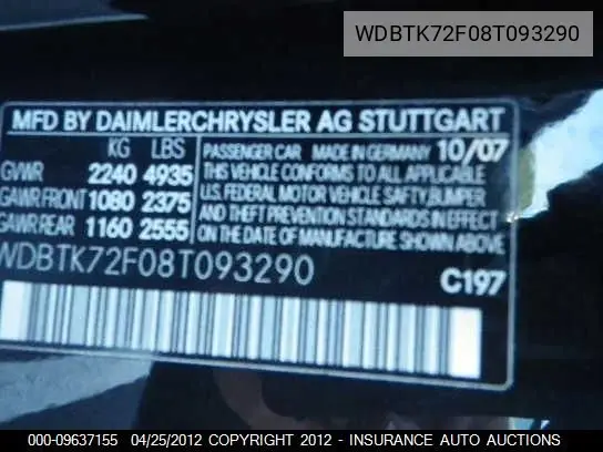 2008 Mercedes-Benz Clk550 VIN: WDBTK72F08T093290 Lot: 9637155