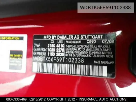 2009 Mercedes-Benz Clk350 VIN: WDBTK56F59T102338 Lot: 9367469