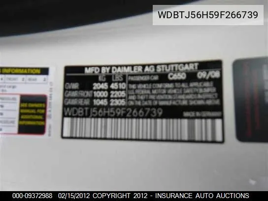 2009 Mercedes-Benz Clk350 VIN: WDBTJ56H59F266739 Lot: 9372988