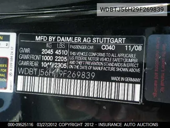 2009 Mercedes-Benz Clk350 VIN: WDBTJ56H29F269839 Lot: 9525116