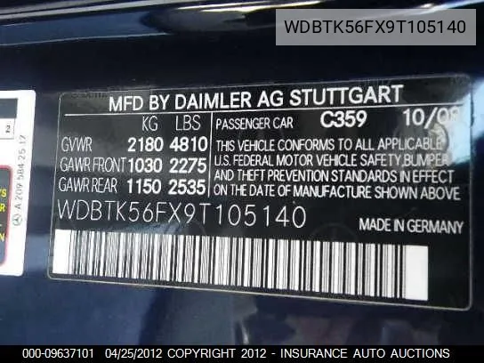 2009 Mercedes-Benz Clk350 VIN: WDBTK56FX9T105140 Lot: 9637101