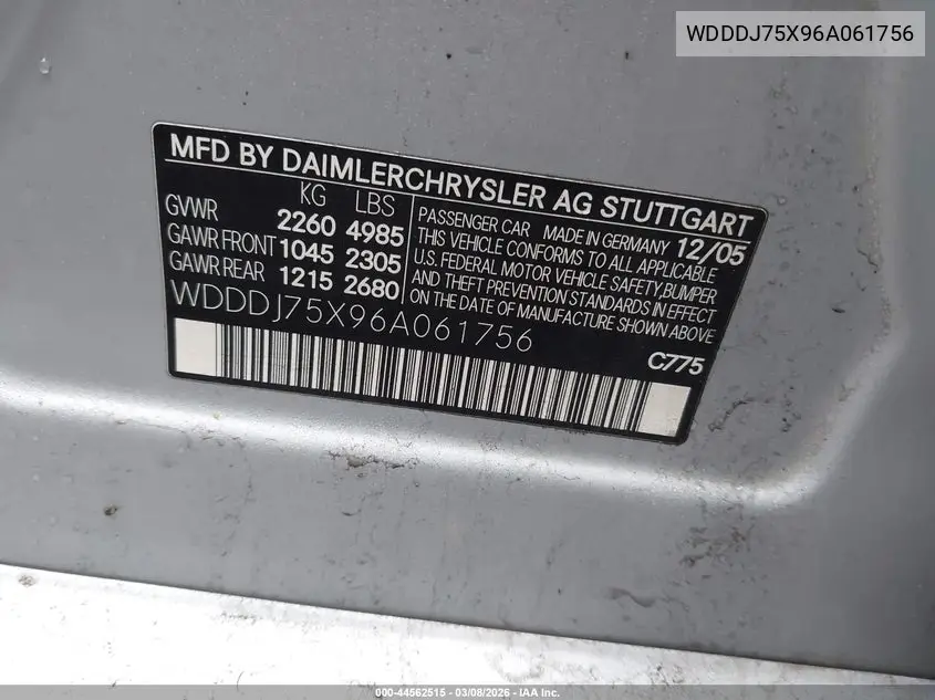 2006 Mercedes-Benz Cls 500 VIN: WDDDJ75X96A061756 Lot: 44562515