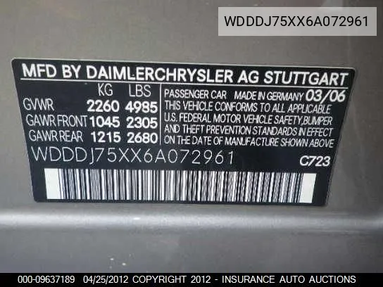 2006 Mercedes-Benz Cls500C VIN: WDDDJ75XX6A072961 Lot: 9637189