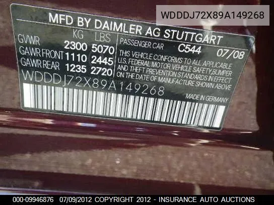 2009 Mercedes-Benz Cls550 VIN: WDDDJ72X89A149268 Lot: 9946876