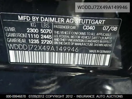 2009 Mercedes-Benz Cls550 VIN: WDDDJ72X49A149946 Lot: 9946878