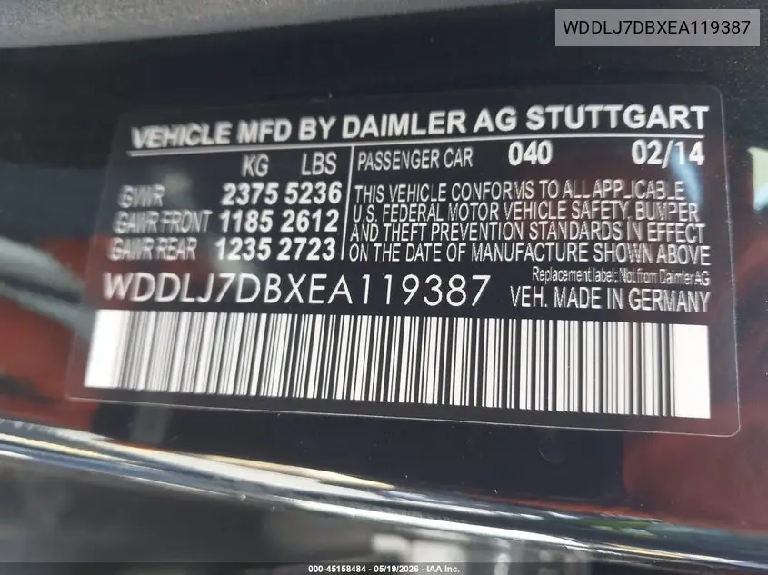 2014 Mercedes-Benz Cls 550 VIN: WDDLJ7DBXEA119387 Lot: 45158484