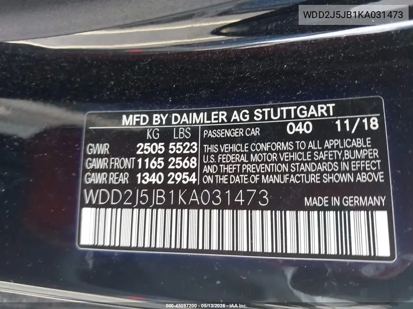 2019 Mercedes-Benz Cls 450 VIN: WDD2J5JB1KA031473 Lot: 45097200