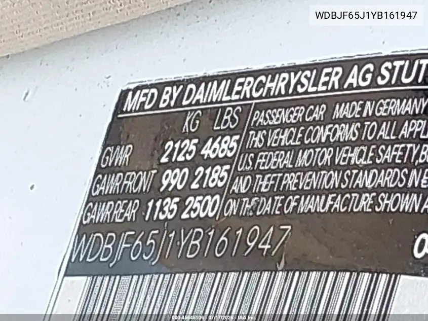2000 Mercedes-Benz E 320 VIN: WDBJF65J1YB161947 Lot: 45645106
