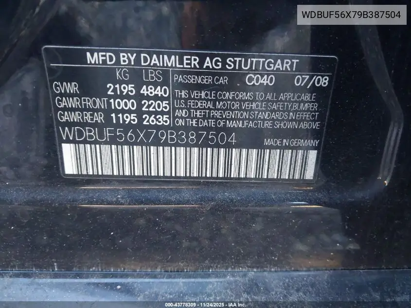 WDBUF56X79B387504 2009 Mercedes-Benz E 350