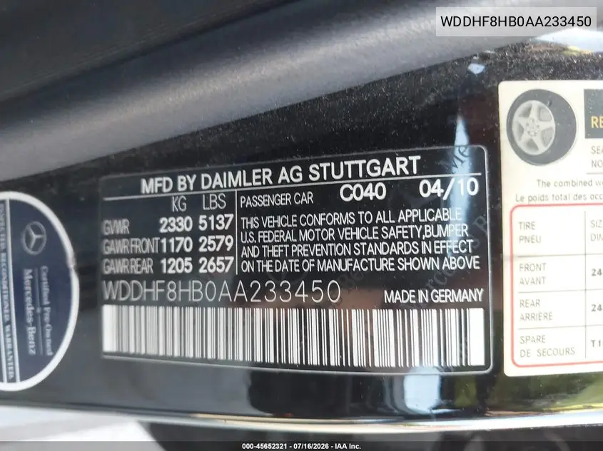 2010 Mercedes-Benz E 350 4Matic VIN: WDDHF8HB0AA233450 Lot: 45652321