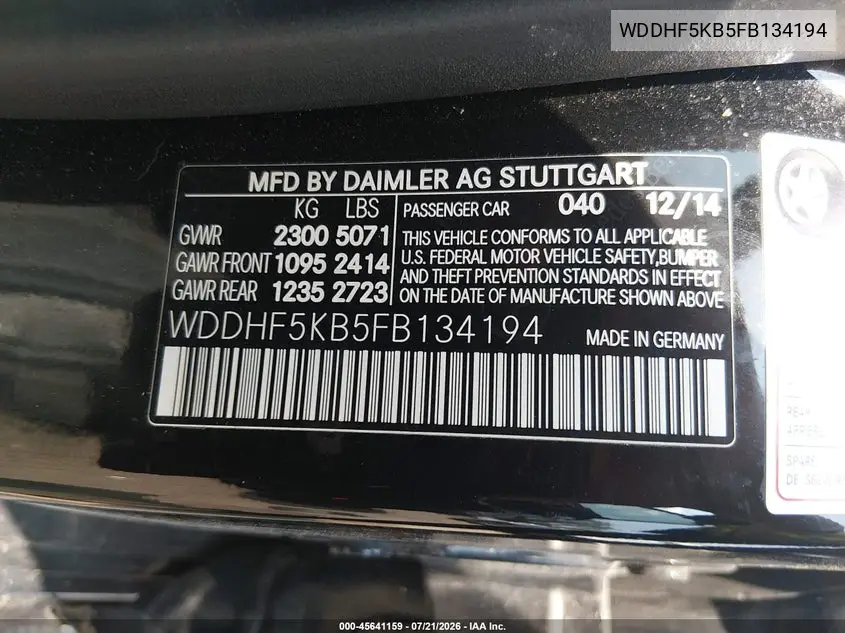 2015 Mercedes-Benz E 350 VIN: WDDHF5KB5FB134194 Lot: 45641159