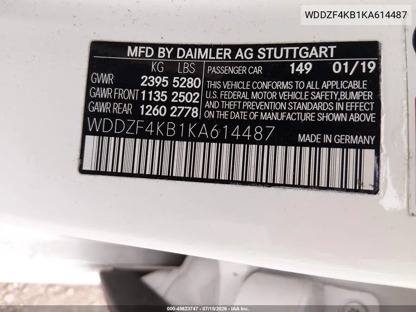 2019 Mercedes-Benz E 300 4Matic VIN: WDDZF4KB1KA614487 Lot: 45623747