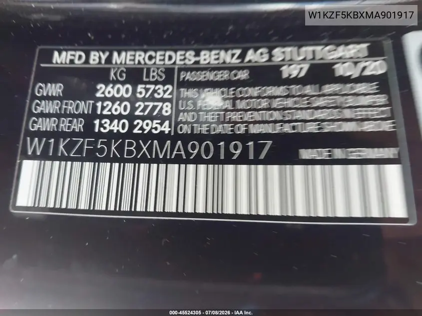 2021 Mercedes-Benz E 450 4Matic VIN: W1KZF5KBXMA901917 Lot: 45524305
