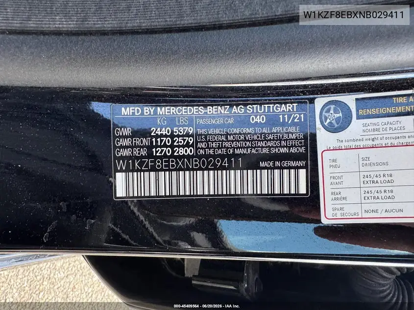 2022 Mercedes-Benz E 350 4Matic VIN: W1KZF8EBXNB029411 Lot: 45409564