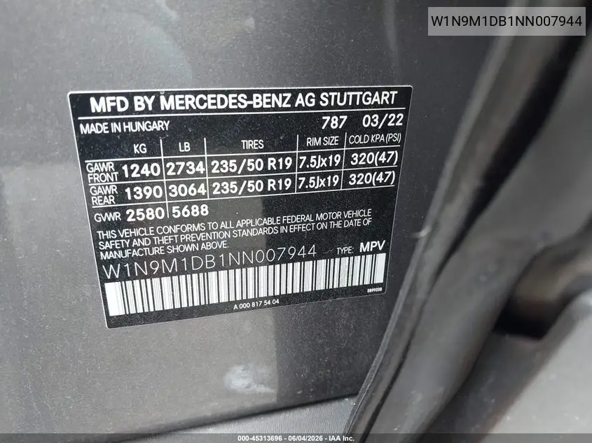 2022 Mercedes-Benz Eqb 350 Suv 4Matic VIN: W1N9M1DB1NN007944 Lot: 45313696