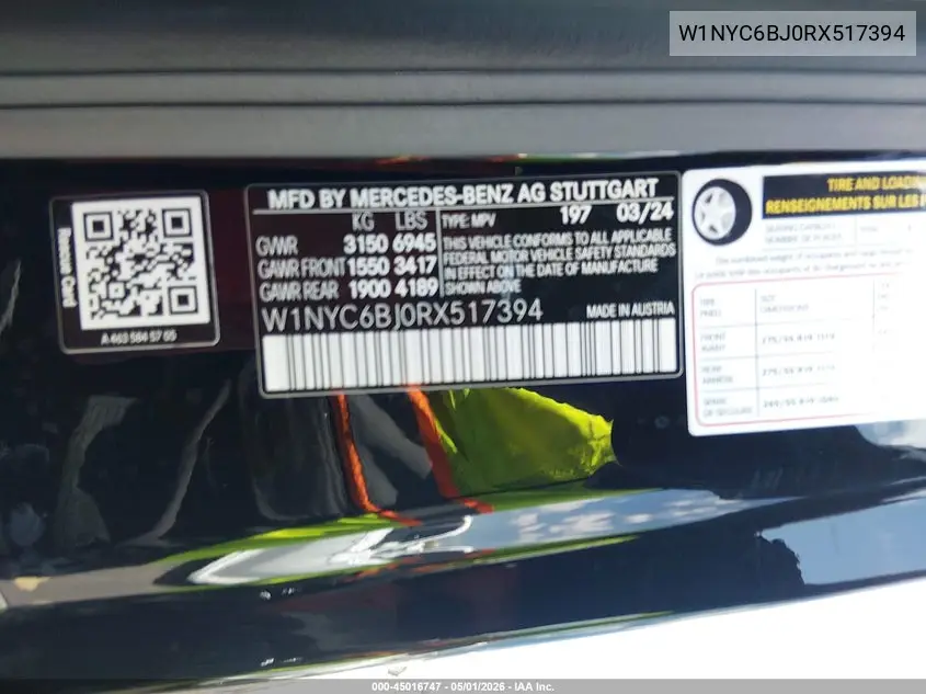 2024 Mercedes-Benz G 550 4Matic VIN: W1NYC6BJ0RX517394 Lot: 45016747
