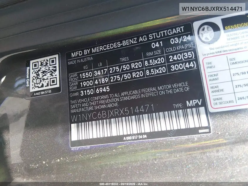 2024 Mercedes-Benz G 550 4Matic VIN: W1NYC6BJXRX514471 Lot: 45119232