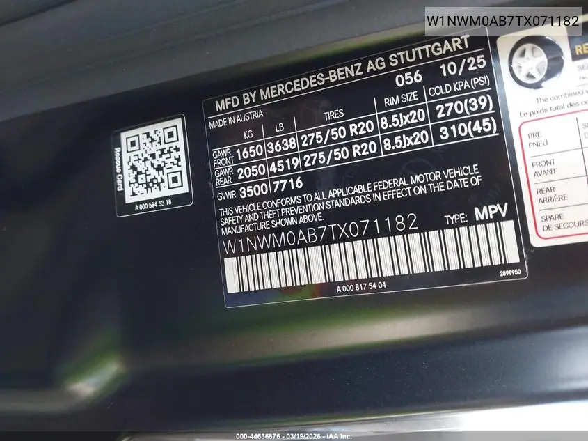 2026 Mercedes-Benz G 580 With Eq Technology VIN: W1NWM0AB7TX071182 Lot: 44636876