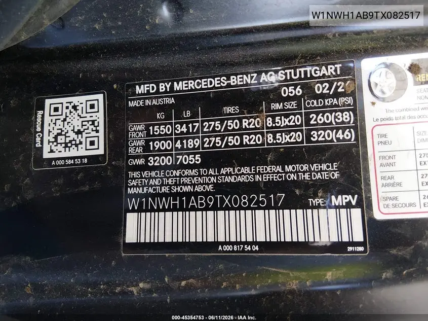 2026 Mercedes-Benz G 550 VIN: W1NWH1AB9TX082517 Lot: 45354753