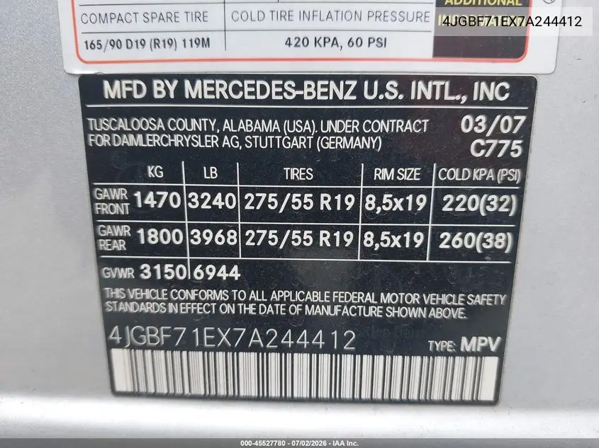 2007 Mercedes-Benz Gl 450 4Matic VIN: 4JGBF71EX7A244412 Lot: 45527780