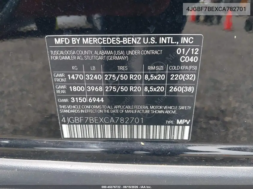 2012 Mercedes-Benz Gl 450 4Matic VIN: 4JGBF7BEXCA782701 Lot: 45376722