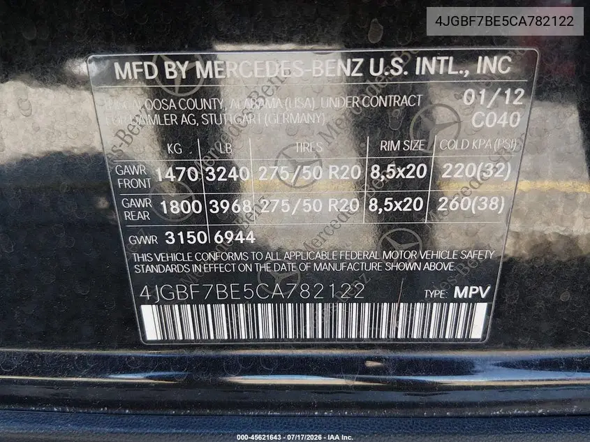 2012 Mercedes-Benz Gl 450 4Matic VIN: 4JGBF7BE5CA782122 Lot: 45621643