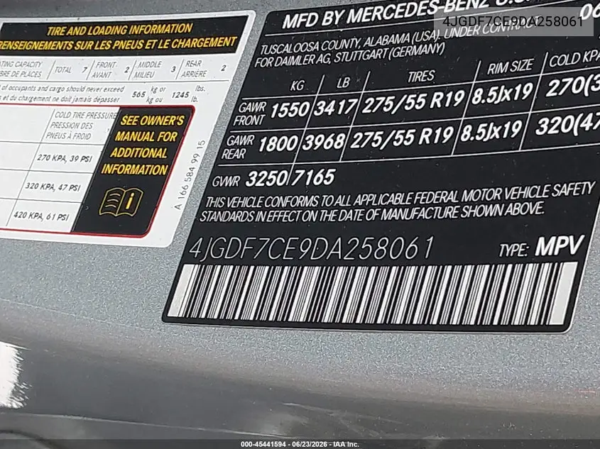 2013 Mercedes-Benz Gl 450 4Matic VIN: 4JGDF7CE9DA258061 Lot: 45441594