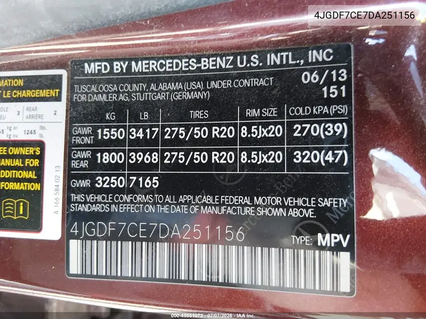 2013 Mercedes-Benz Gl 450 4Matic VIN: 4JGDF7CE7DA251156 Lot: 45551072