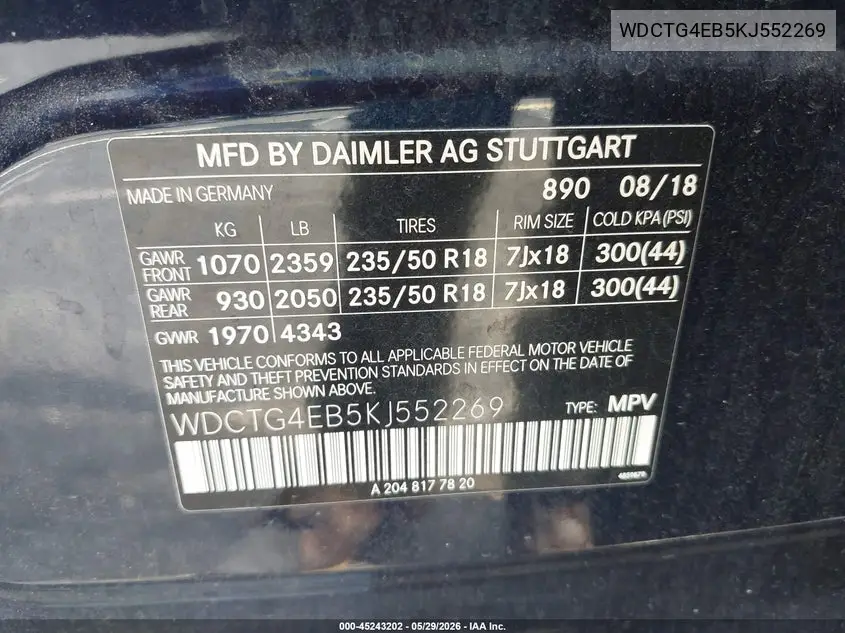 2019 Mercedes-Benz Gla 250 VIN: WDCTG4EB5KJ552269 Lot: 45243202