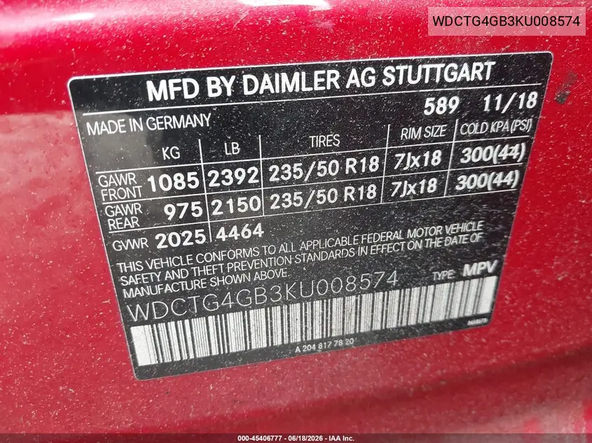 2019 Mercedes-Benz Gla 250 4Matic VIN: WDCTG4GB3KU008574 Lot: 45406777