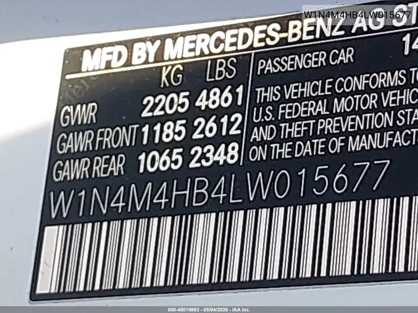 2020 Mercedes-Benz Glb 250 4Matic VIN: W1N4M4HB4LW015677 Lot: 45010863