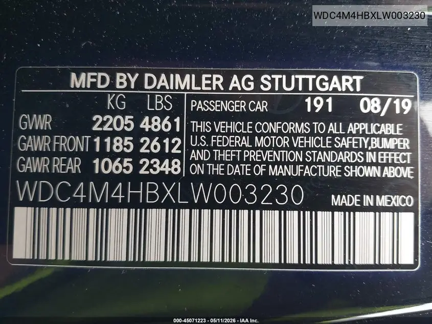2020 Mercedes-Benz Glb 250 4Matic VIN: WDC4M4HBXLW003230 Lot: 45071223