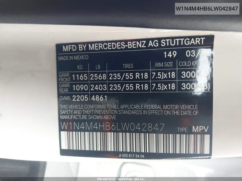 2020 Mercedes-Benz Glb 250 4Matic VIN: W1N4M4HB6LW042847 Lot: 45473747