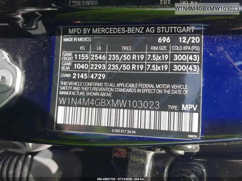 2021 Mercedes-Benz Glb 250 VIN: W1N4M4GBXMW103023 Lot: 45601793