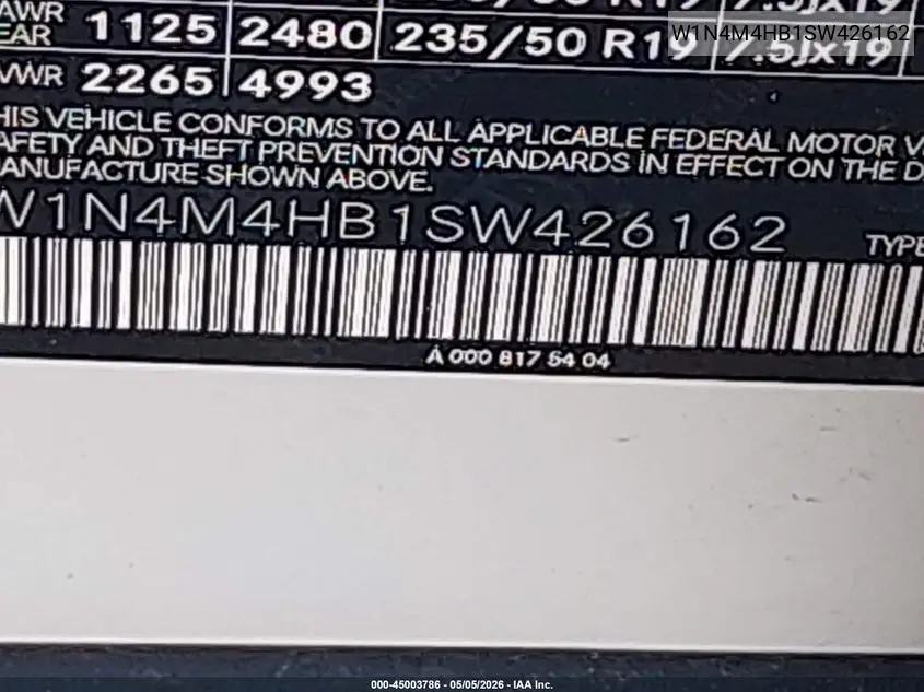 2025 Mercedes-Benz Glb 250 4Matic VIN: W1N4M4HB1SW426162 Lot: 45003786