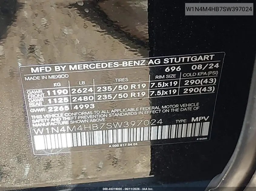 2025 Mercedes-Benz Glb 250 4Matic VIN: W1N4M4HB7SW397024 Lot: 45319000